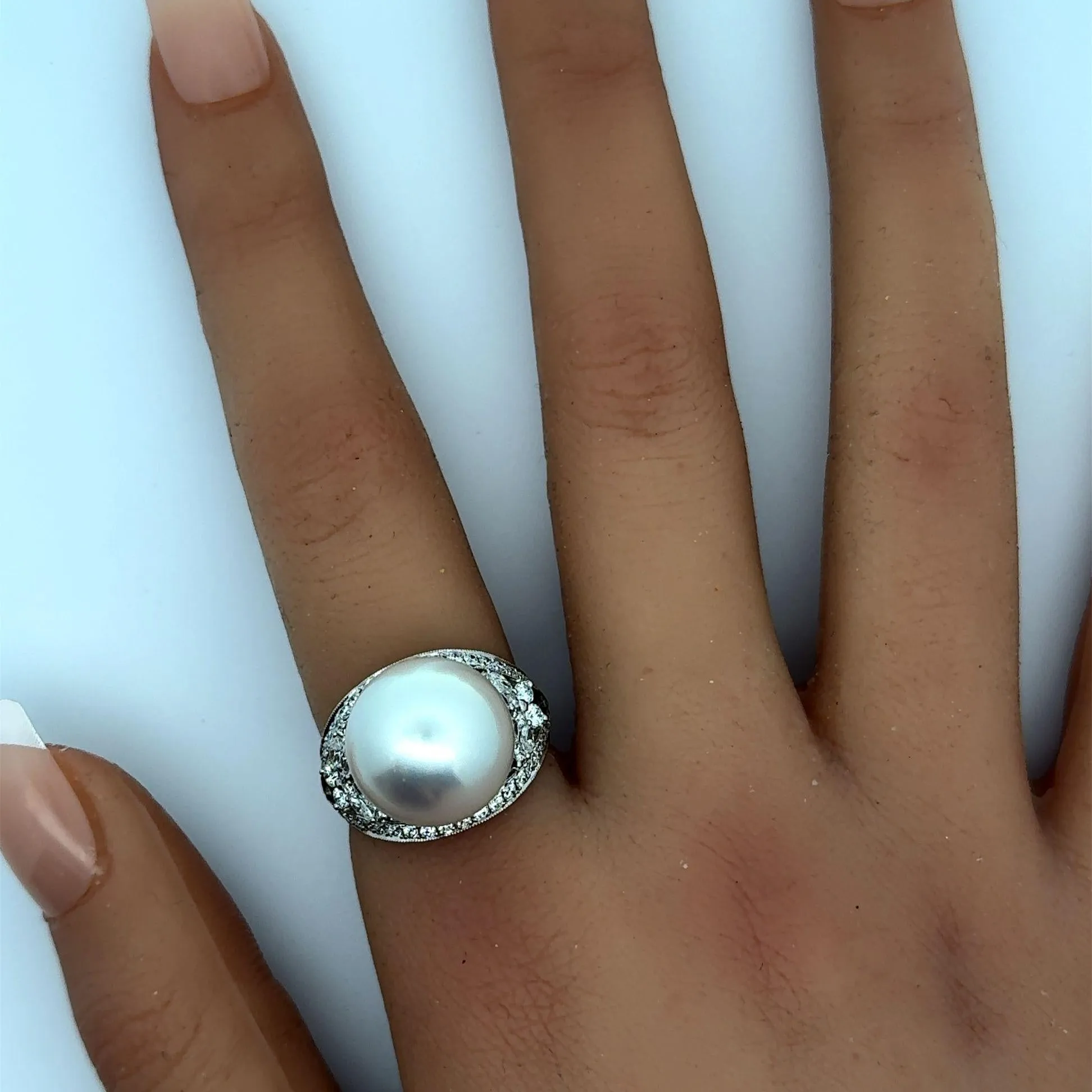 15MM South Sea Pearl Diamond 18k White Gold Butterfly Ring