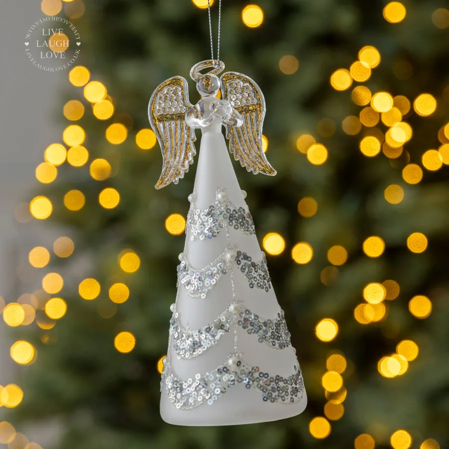 LED Glass Angel Tree Ornament with Glitter Details