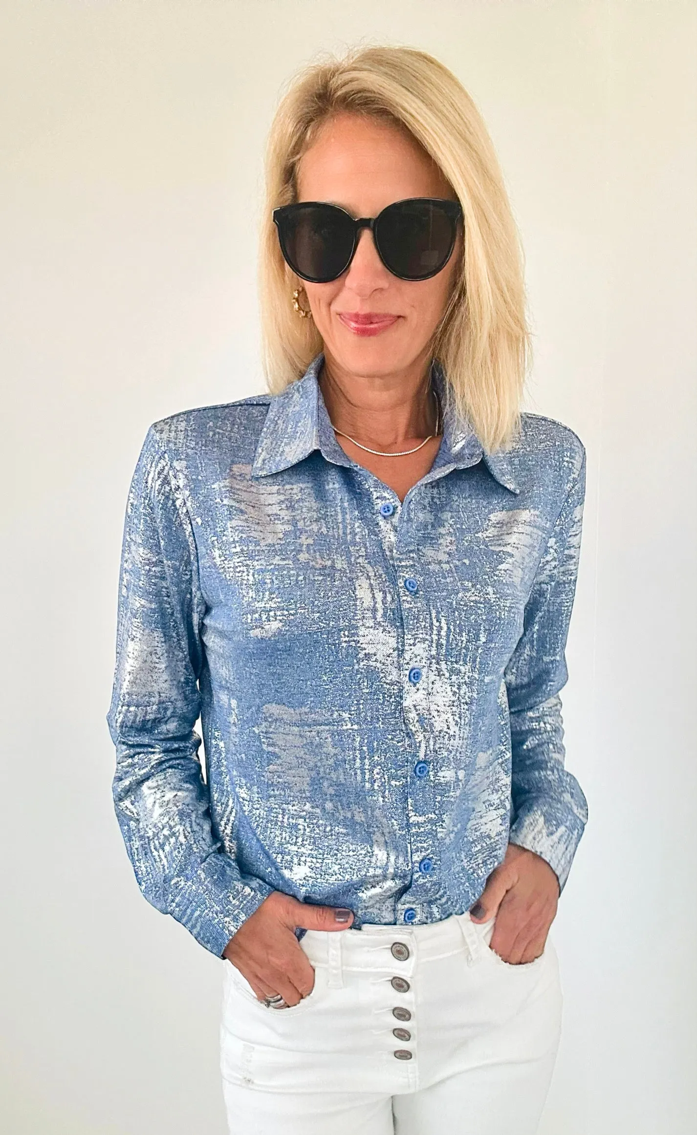 Moonlit Glow Button Down Top - Blue