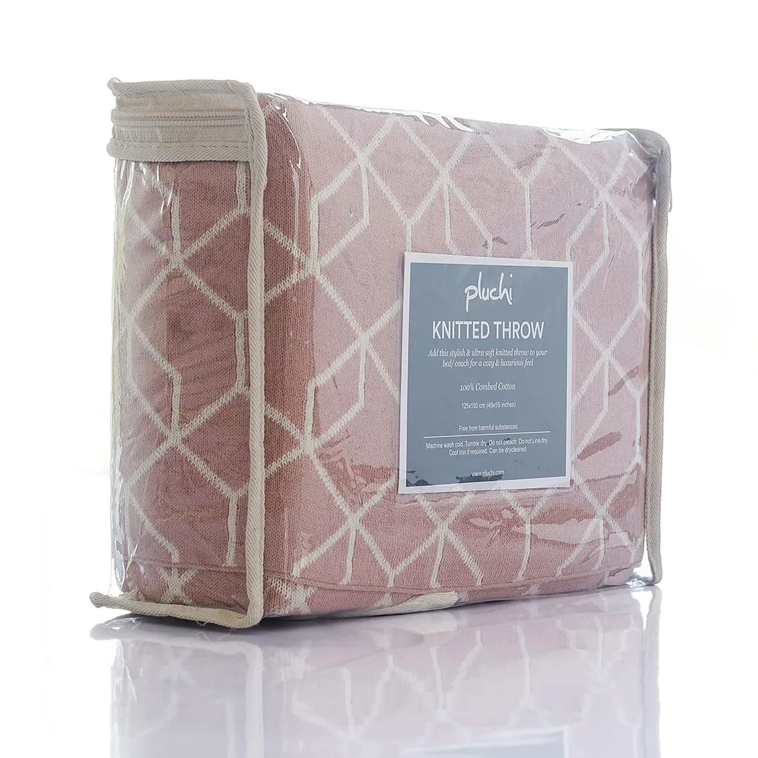 Pluchi Trellis Cotton Knitted All Season AC Throw Blanket in Blush Pink and Natural Color (125 cm x 150 cm)