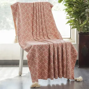 Pluchi Trellis Cotton Knitted All Season AC Throw Blanket in Blush Pink and Natural Color (125 cm x 150 cm)