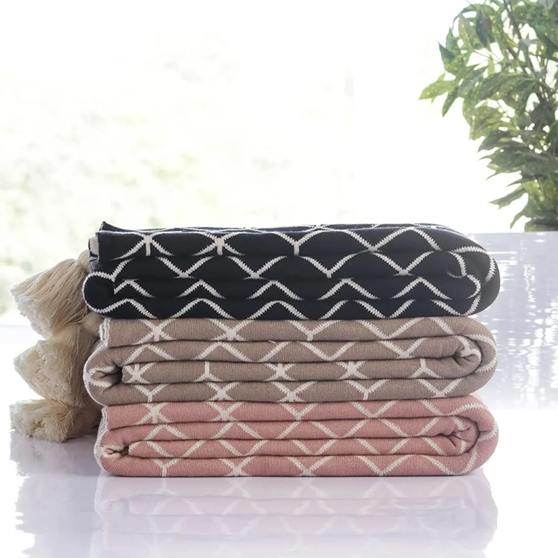 Pluchi Trellis Cotton Knitted All Season AC Throw Blanket in Blush Pink and Natural Color (125 cm x 150 cm)