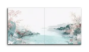 Serene Pastel Waterscape: East Asian Inspired Diptych